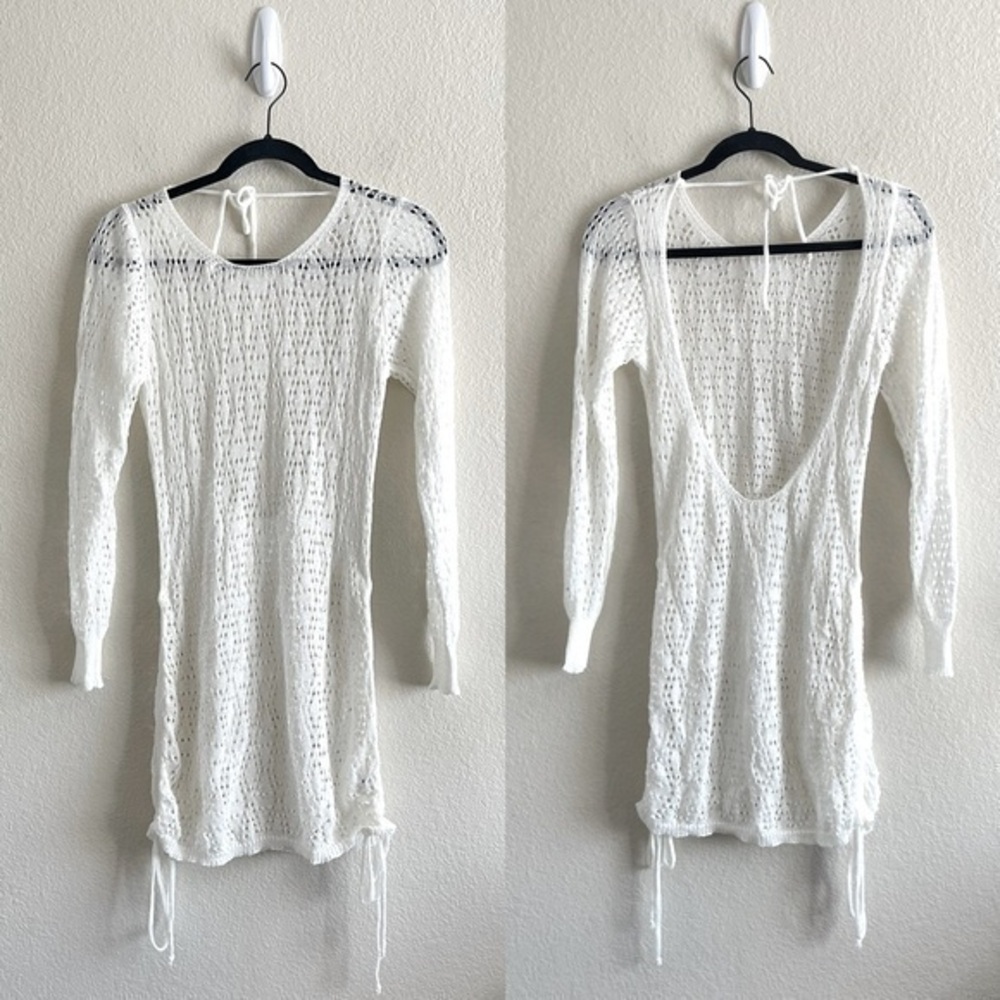 White Open Knit Crochet Sheer Open Back Mini Dress Womens Size Medium
